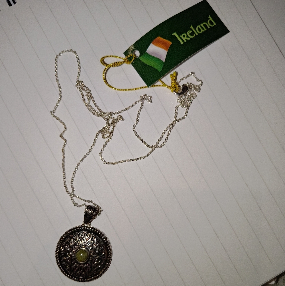 Irish Silver Pendant Necklace with Green Accent